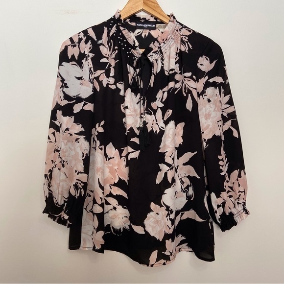 KARL Lagerfeld floral crepe blouse black pink ecru white pearls embellishments - Picture 16 of 16